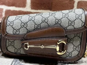 Gucci AAA Purses Horsebit 1955 Mini shoulder bag 774209 Beige and ebony GG Supreme canvas with Brown Demetra trim